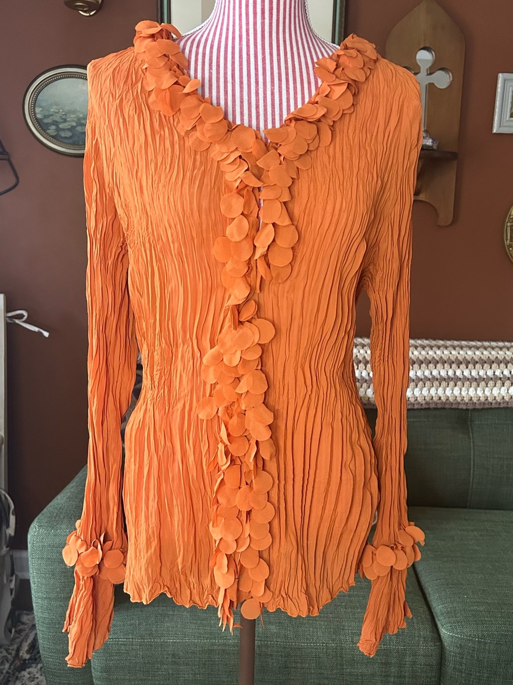 Vintage Y2K Kaelyn Max II Womens 1X Crinkle Top Orange Ruffle Fairy Retro Whimsy